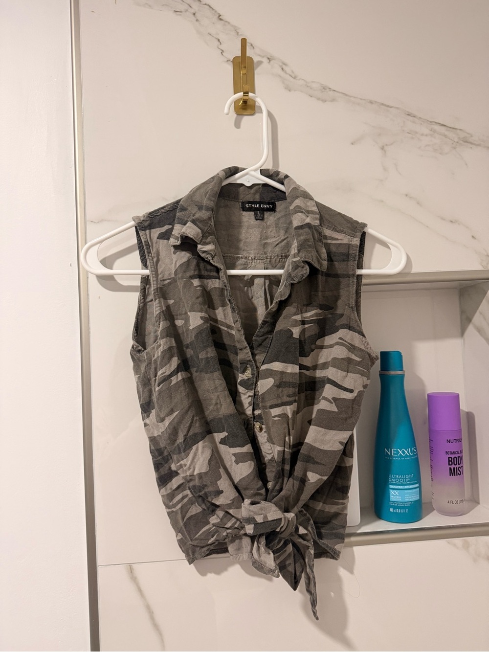 Style Envy Grey Camo Tie-Front Button Down Shirt